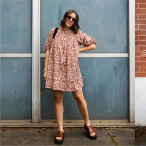 Everlane Shirred Mini Dress in Brown Floral Cotton Puff Sleeve
